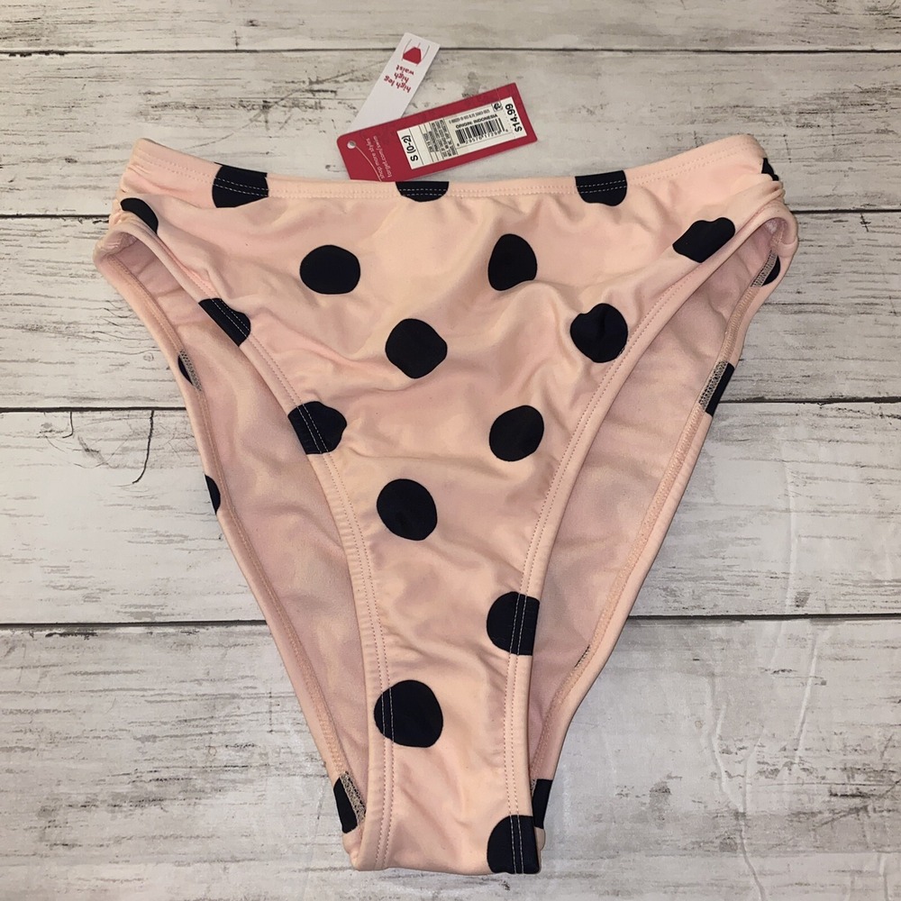 Xhilaration Bikini Bottom Womens Small‎ Pink Black Polka Dot High Waist Leg Swim